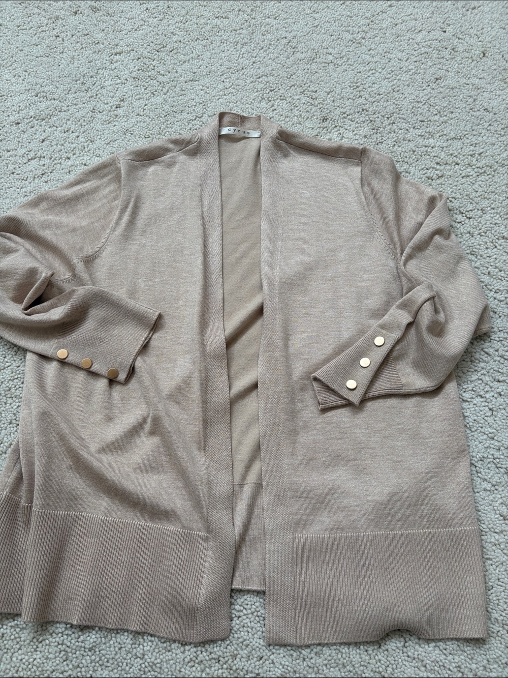 Cyrus Taupe Open-Front Cardigan with Gold-Tone Buttons